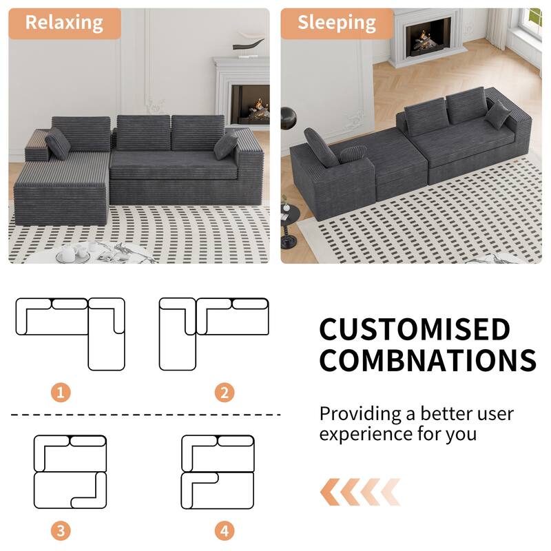 Modland 108”L-Shaped Modular Corduroy Couch with Deep Seats Comfy Sectional Sofa for Living Room