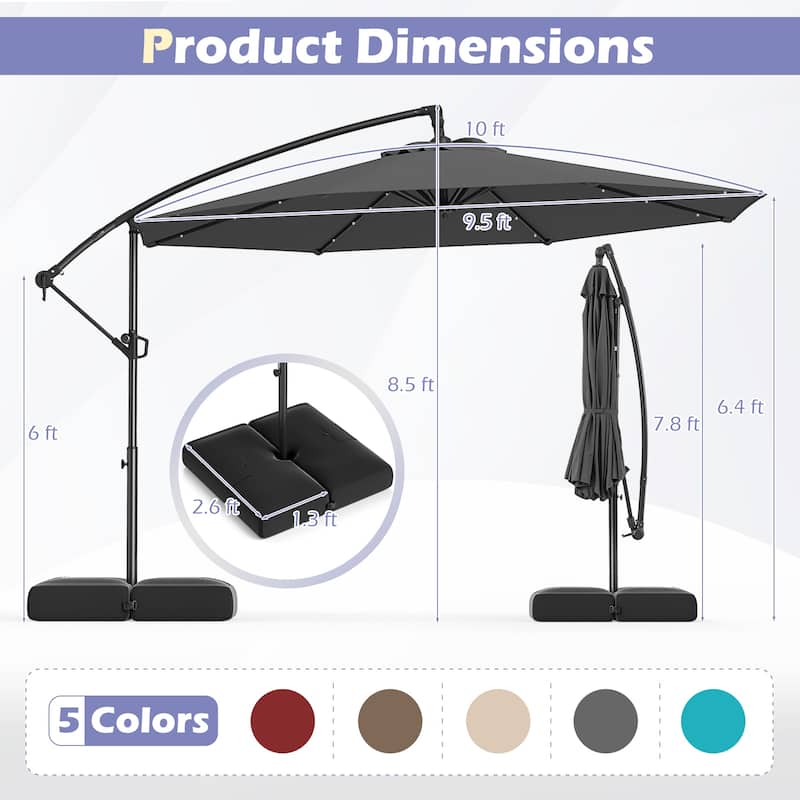 Large 10 Feet Patio Offset Umbrella with Stable Crossed Base and Solar LED Lights for Outdoor