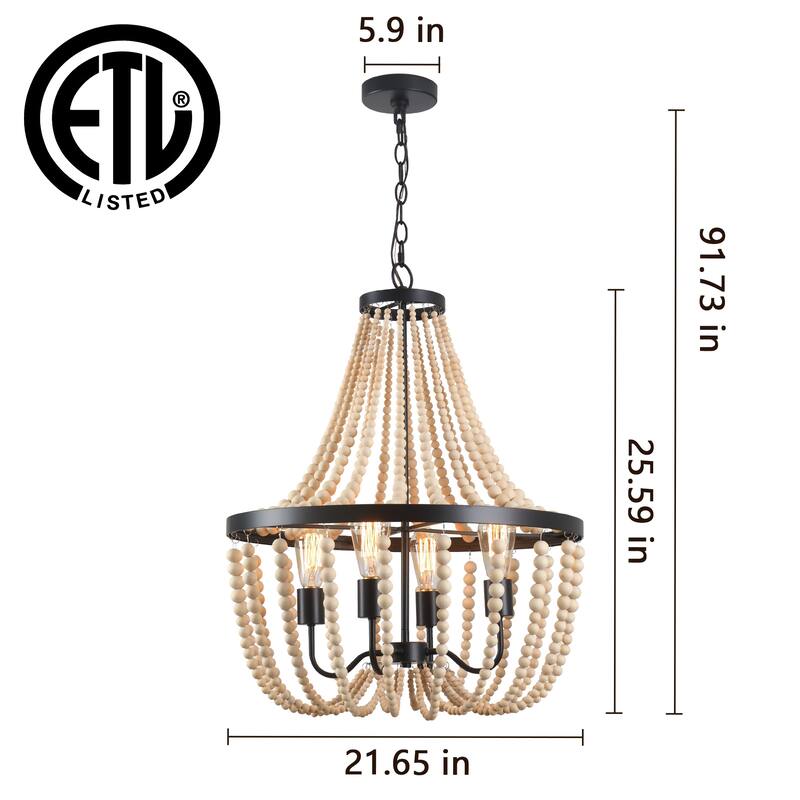 Farmhouse Beaded Chandelier Wood Chandelier Wood Bead Chandelier - 4-Light