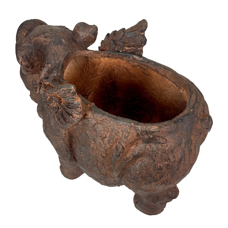 Flying Pig Planter 17" Brown, With Drain Hole, Rustic Indoor Outdoor - 10.75 X 17 X 8.5 inches
