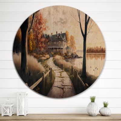 Designart "Charming Cabin And Path I" Farmhouse / Country Wood Wall Art Décor - Natural Pine Wood