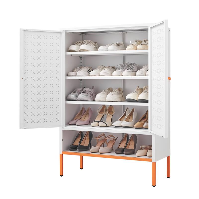 Grid Double Door Shoe Cabinet, Three Adjustable Compartments , Suspended Hollow Shoe Changing Compartment