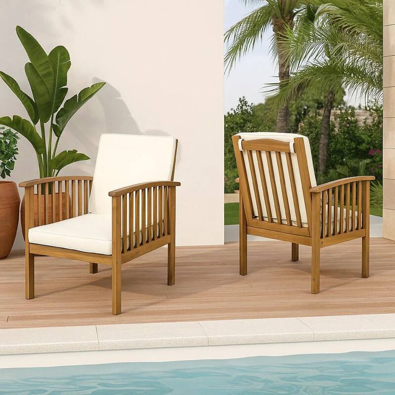 Gerry Outdoor Club Chairs Set of 2, Cream Fabric, Slatted Light Brown