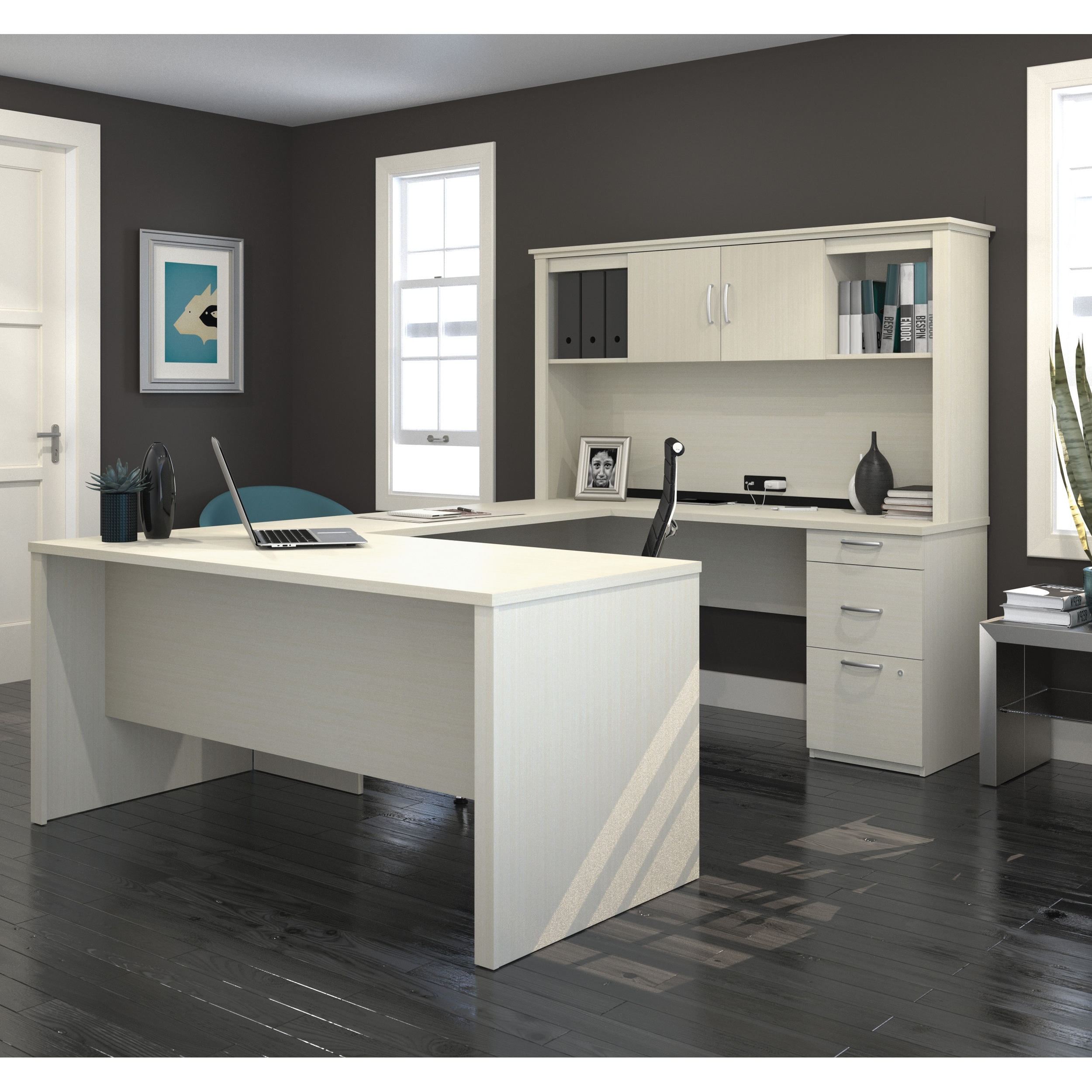 Bestar Logan 66-inch U or L Shaped Desk with Drawers and Hutch