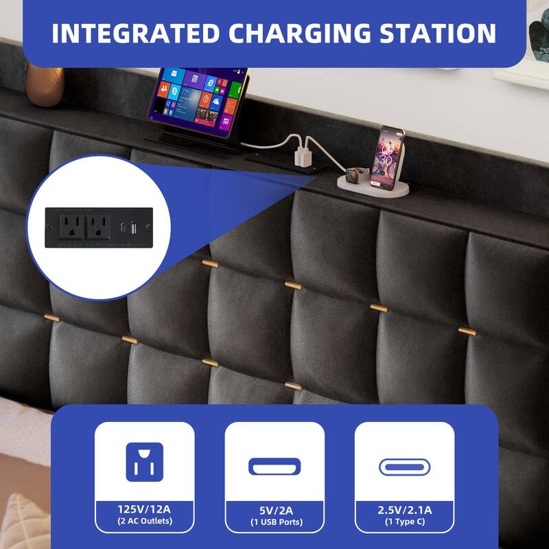 Moasis Queen/King Size Velvet Upholstered Bed with Charging Station and Storage Drawers
