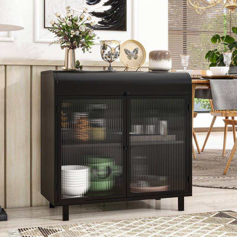 Kitchen Pantry with Tempered Figured Glass Doors, Buffet Cabinet with Flip Top and Shelves, Storage Cabinet with Metal Frame