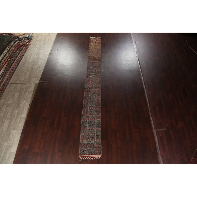 Geometric Checkered Moroccan Oriental Runner Rug Handmade Wool Carpet - 1'10" x 17'3"