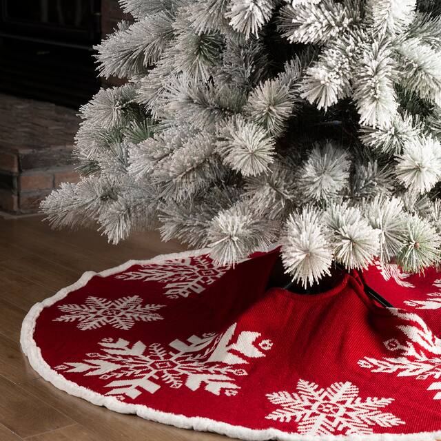 Glitzhome 48"D Knitted Acrylic Christmas Tree Skirt, Snowflake/Red