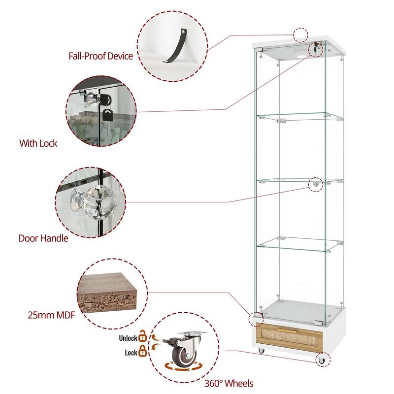 Glass Display Cabinet With Drawer,Cabinet With Led Lights,Tempered Glass Bookshelf, 1-Door Storage Case With 4 Shelves