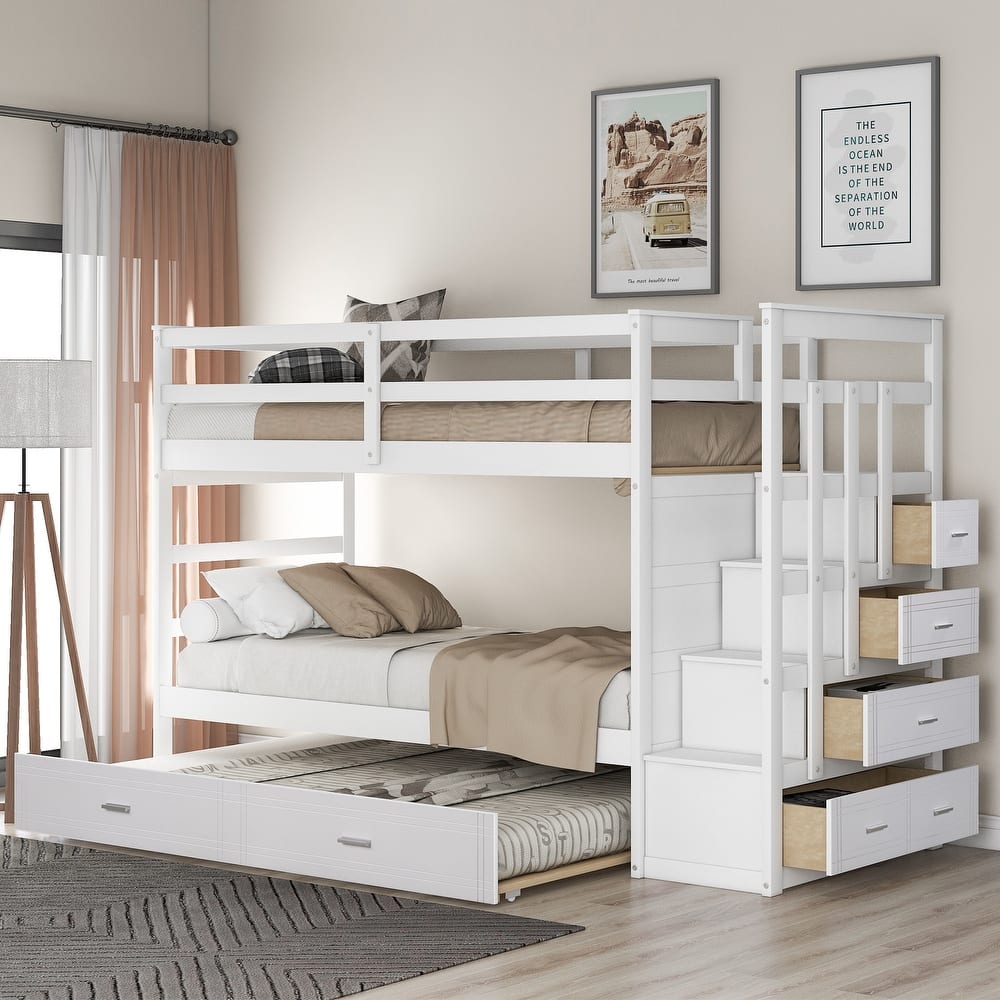 Merax Wood Twin Over Twin Bunk Bed with Trundle and Staircase