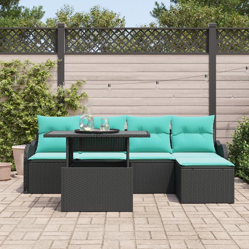 vidaXL 6 Garden Sofa Set with Cushions Black/Brown/Grey Poly Rattan - 90.9 x 46.1 x 27.2