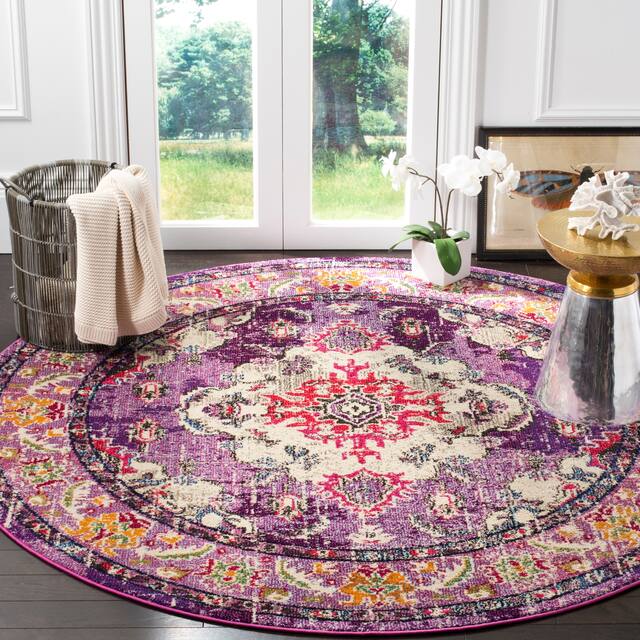 SAFAVIEH Monaco Lillie Boho Medallion Distressed Area Rug - 6'7" x 6'7" Round - Violet/Fuchsia
