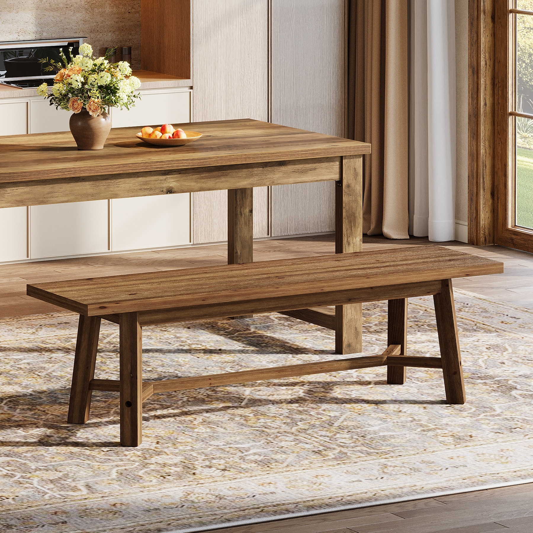 55.1'' Solid Wood Dining Bench, Farmhouse Real Wood Kitchen Bench Long Entryway Bench