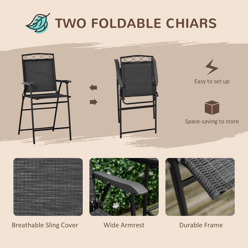 4 Piece Outdoor Patio Dining Furniture Set, 2 Folding Chairs, Adjustable Angle Umbrella, Wave Textured Tempered Glass Di