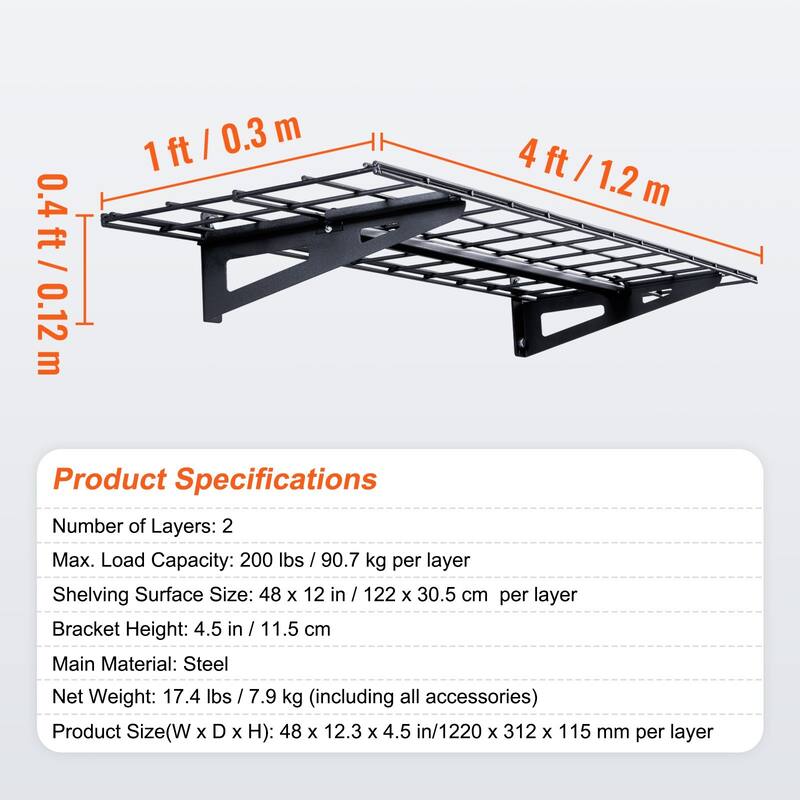 Black Steel Heavy-Duty Wall Shelves, Garage Storage and Hooks