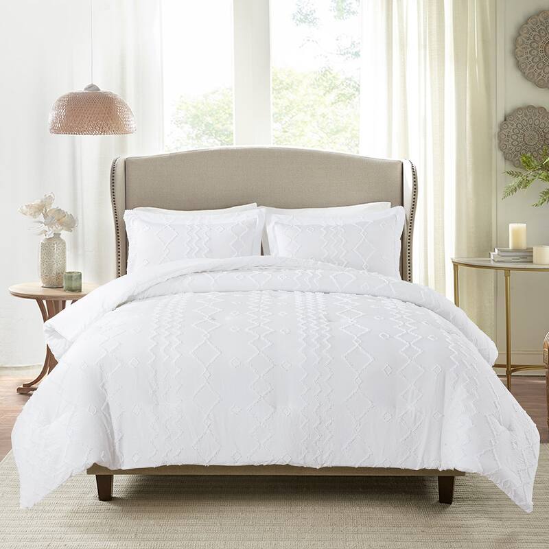 Lightweight Tufted Comforter Set Embroidery Geometric Comforter Sets for All Season - White - Twin