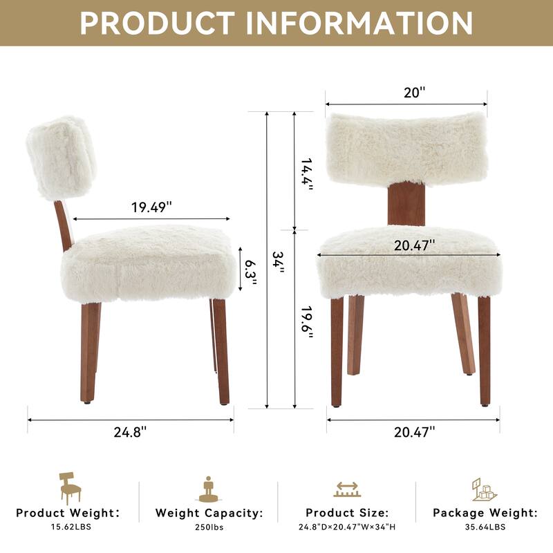 Dining Chairs Set of 2, Fur Fabric Armless Chairs with Curved Wingback and Solid Wood Legs for Dining Room