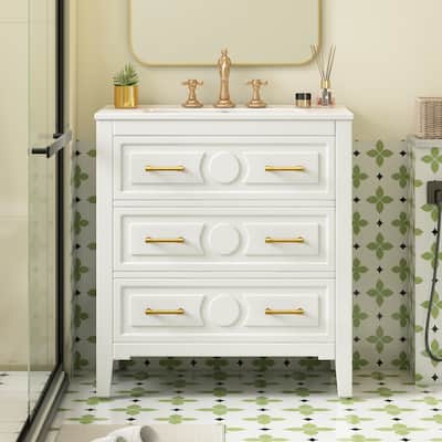 30" White Bathroom Vanity with Ceramic Sink and 3 Drawers, Retro Free-Standing Vanity Set - 30 in W Ceramic,Solid Wood+MDF