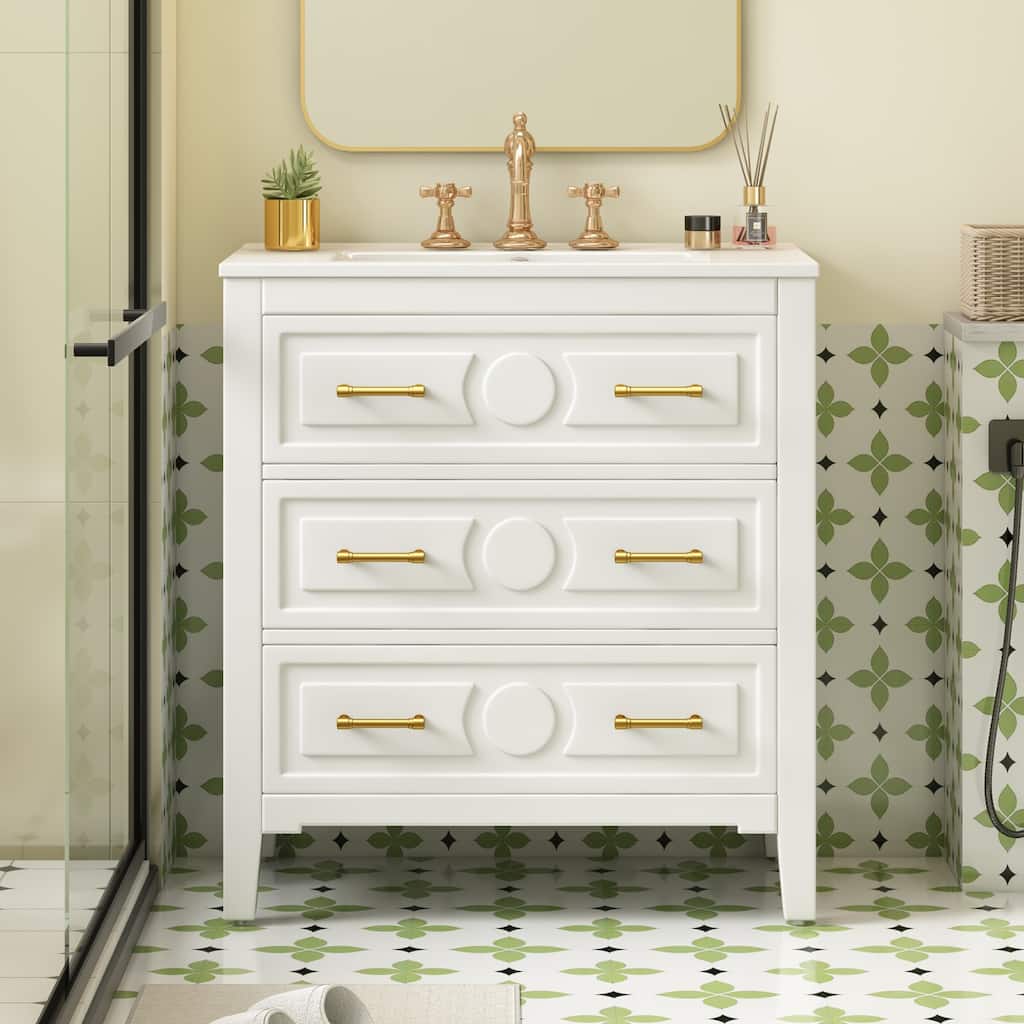 30" White Bathroom Vanity with Ceramic Sink and 3 Drawers, Retro Free-Standing Vanity Set - 30 in W Ceramic,Solid Wood+MDF