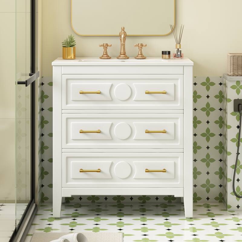 Roomfitters 30" Vanity with Ceramic Sink, Solid Wood Cabinet with 3 Drawers, Freestanding Bathroom Storage Unit - White