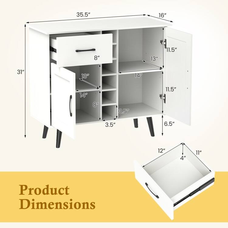 Buffet Sideboard with 6-Bottle Wine Rack Drawer and Adjustable Shelves - 35.5"x 16"x 31"(L x W x H)