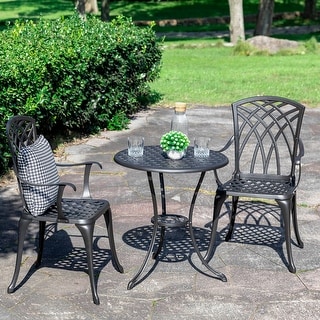 24 Inch Cast Aluminum Bistro Table with Umbrella Hole and 2 Bistro Chairs