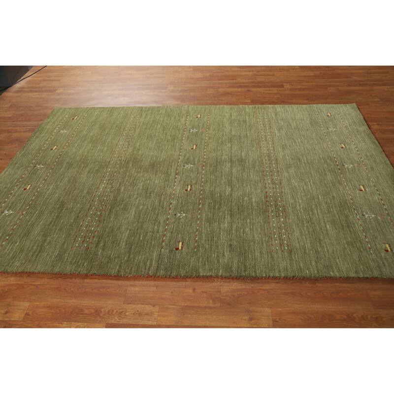 Modern Green Gabbeh Indian Rug Handmade Tribal Wool Carpet - 5'1" x 7'8"