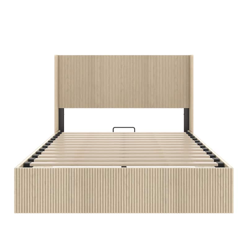 Lift Up Storage Bed Frame Undulating Hydraulic Platform Bed Frame with Wingback Headboard, No Box Spring Needed, Noise Free,Oak