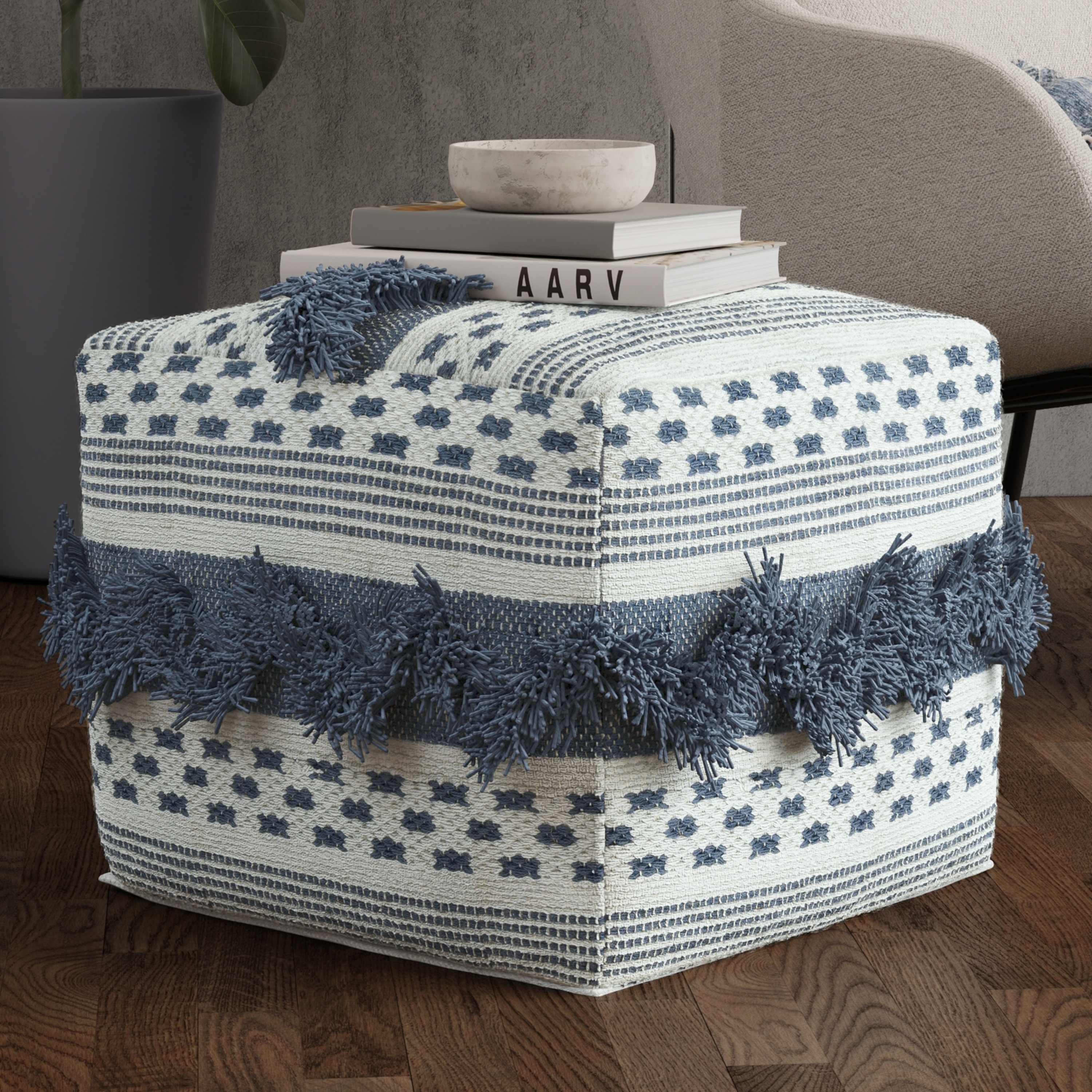 WYNDENHALL Bowden Hand Woven Square Cotton Pouf Ottoman in Grey and Ivory