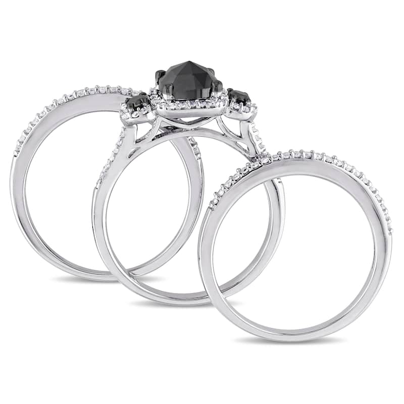 Miadora 1 3/4ct TDW Black White Diamond Bridal Ring Set in Sterling Silver