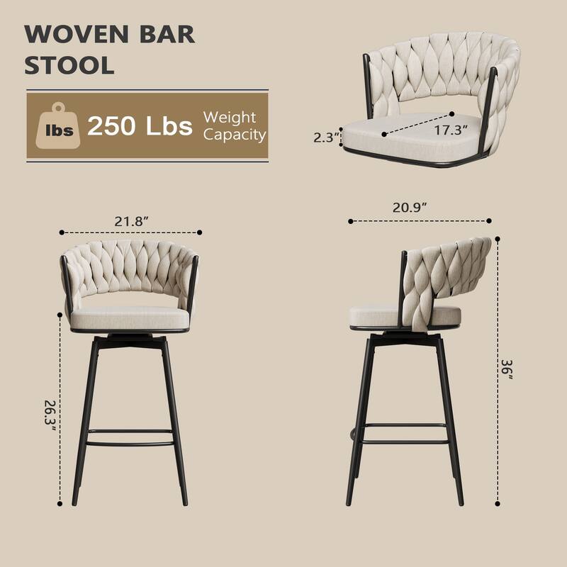 360° Swivel Bar Chairs Set of 2, with Upholstered Woven Backrest, Pub Chairs wMetal Leg Footrest Bar Chairs Bar Seating