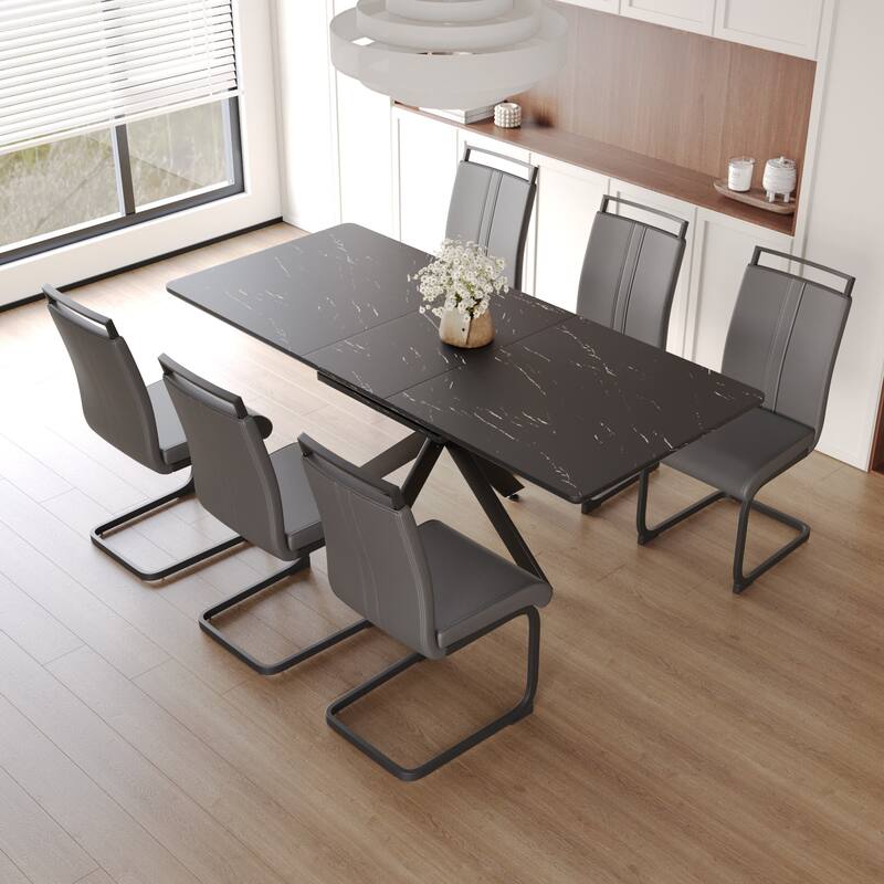 Modern Dining Set with Rectangular Extendable Table & High Back C-shaped Tube Armless Chairs