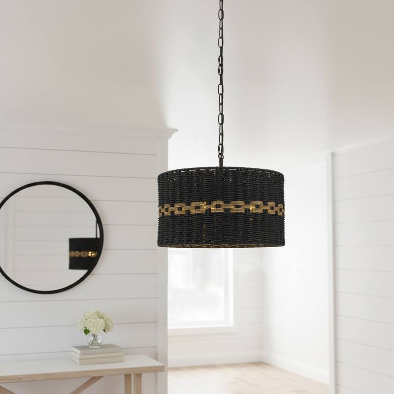 Kira 3-Light Rattan Rope Drum Pendant, Coastal Boho - Handwoven - 18" Wide