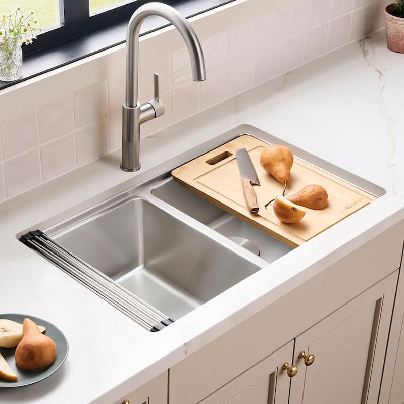 Ruvati 31-inch Undermount 50/50 Double Bowl Workstation 16 Gauge Stainless Steel Kitchen Sink – RVM5239