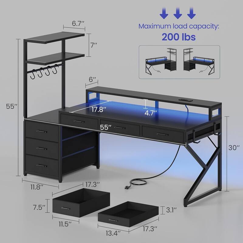 55" Gaming Desk 6 Fabric Drawers Storage LED Lights Power Outlet