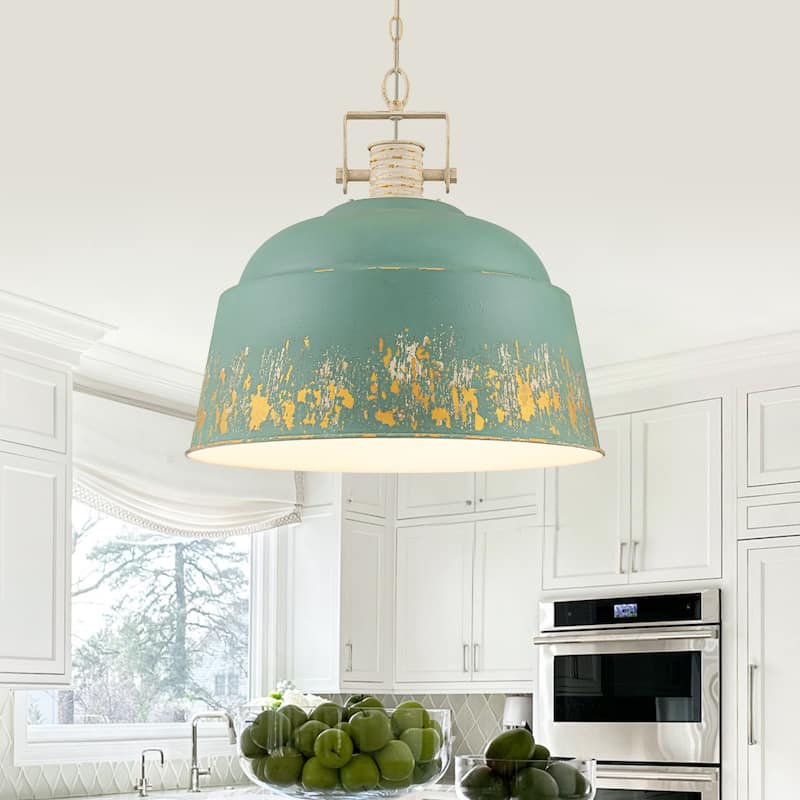 3-Light Industrial Pendant Light with Distressed Metal Dome Shade - 3-Lights - Blue Distressed Gold
