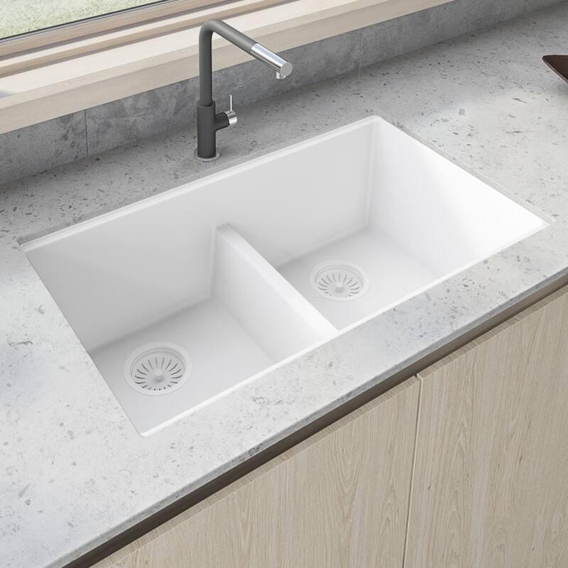 Ruvati 33 x 19 inch Granite Composite Undermount Double Bowl Low Divide Kitchen Sink - Arctic White - RVG2385WH