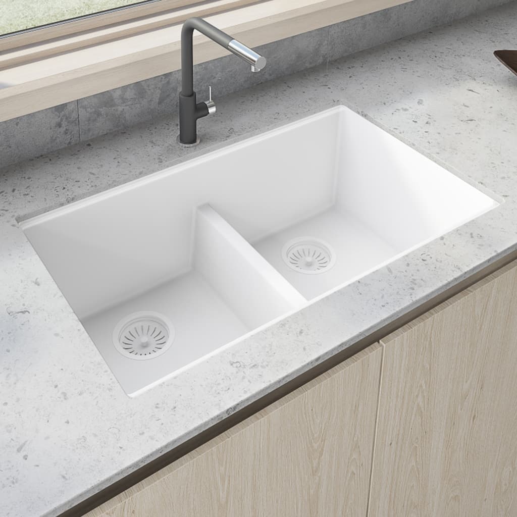 Ruvati 33 x 19 inch Granite Composite Undermount Double Bowl Low Divide Kitchen Sink - Arctic White - RVG2385WH