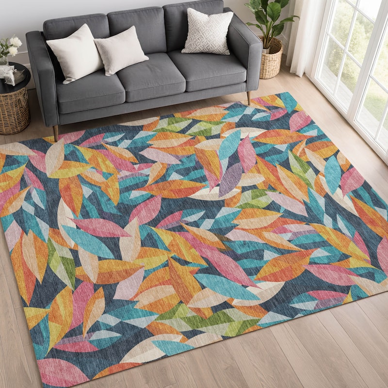 Machine Washable Indoor/ Outdoor Modern Floral Chantille Rug