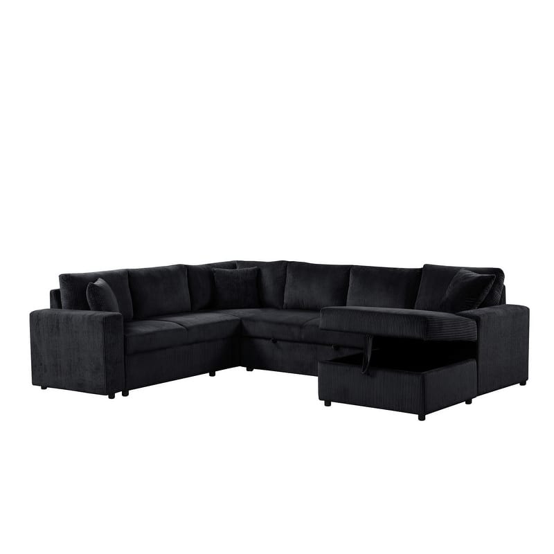 Ruxley 123"W Corduroy Sleeper Sectional Sofa with Right-Facing Storage Chaise and Throw Pillows