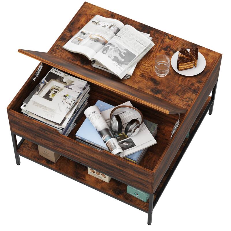 Farmhouse Flip Top Coffee Table with Storage - 31.5" Rustic Wood Grain Table, Hidden Storage Compartment for Living Room