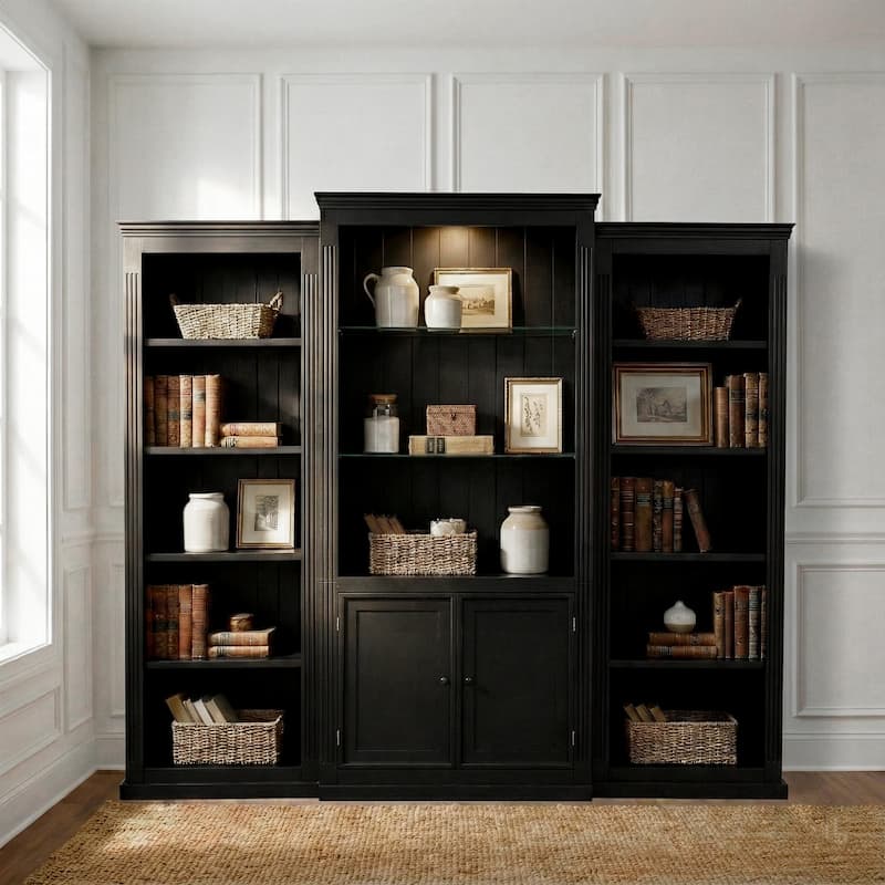 78.75" Tall 3-Piece Bookcase with Adjustable LED Light, Tempered Glass Shelves for Living & Office - Black