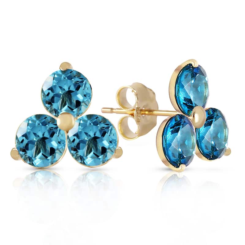 14K Solid Gold Stud Gemstone Earrings Natural Blue Topaz Jewelry - Yellow
