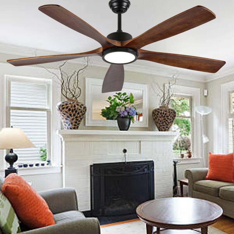 60-Inch Ceiling Fan with Light, 5 Solid Wood Blades, Downrod Mount for Sloped Ceiling ≤15°, Quiet Reversible DC Motor