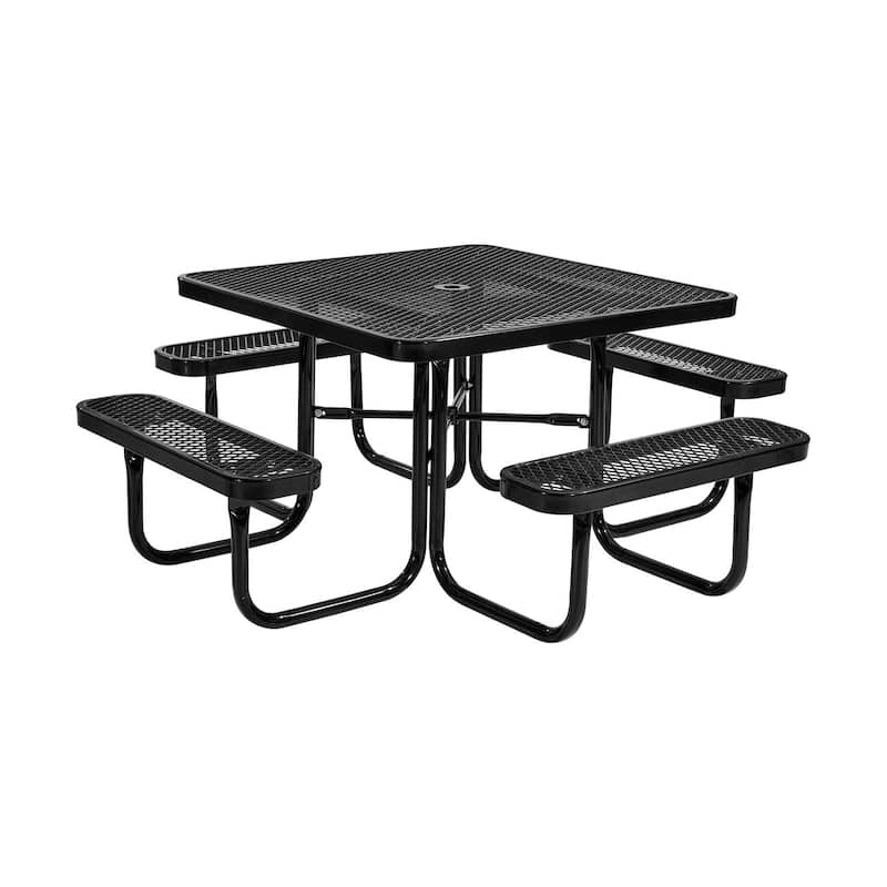 75.8" Black Picnic Square Dining Table with Built-in Umbrella Hole and Metal Frame for 6-8 People - 75.8 x 75.8 x 29.33 in