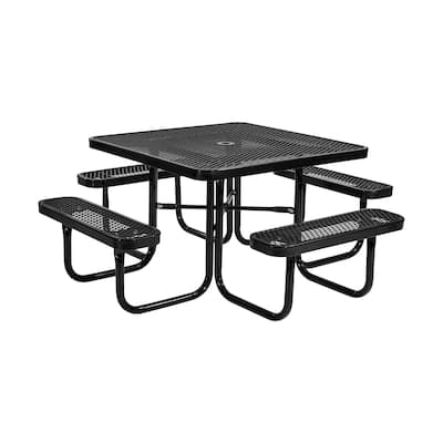 75.8" Black Picnic Square Dining Table with Built-in Umbrella Hole and Metal Frame for 6-8 People - 75.8 x 75.8 x 29.33 in
