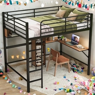 Full Size Metal & Wood Loft Bed with L-Shaped Desk and Shelves, Black and Brown