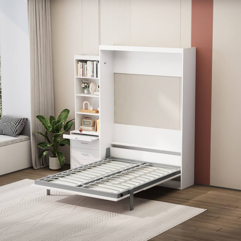 White Vertical Murphy Bed with Storage Shelves and Drawers - Full Size, Gas Struts Included