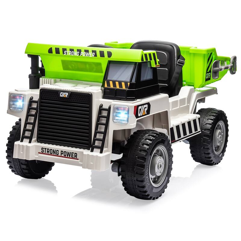 12V Electric Kids Ride-on Dump Truck Toy Car with Dumping Bed, Shovel - White