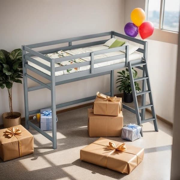 slide 2 of 12, Twin Size High Loft Bed with inclined Ladder and Guardrails, Grey Grey